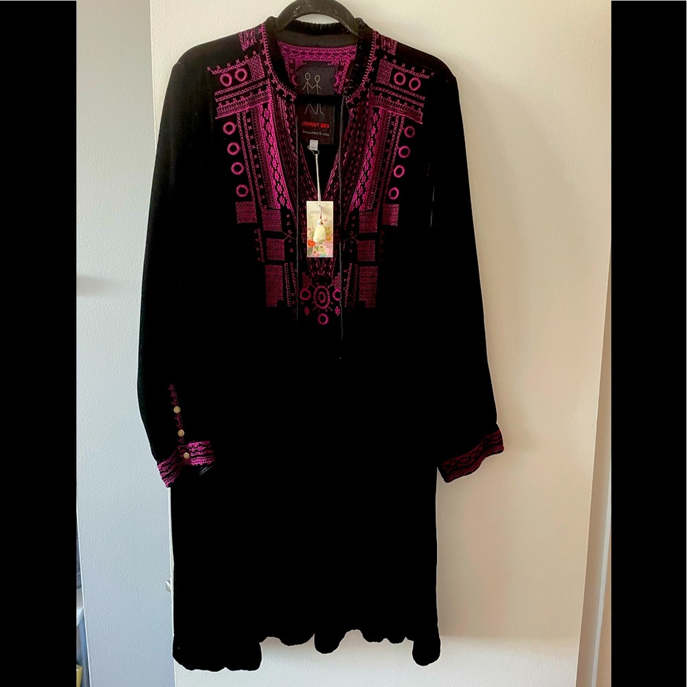 Johnny Was Black and Pink Embroidered Dress